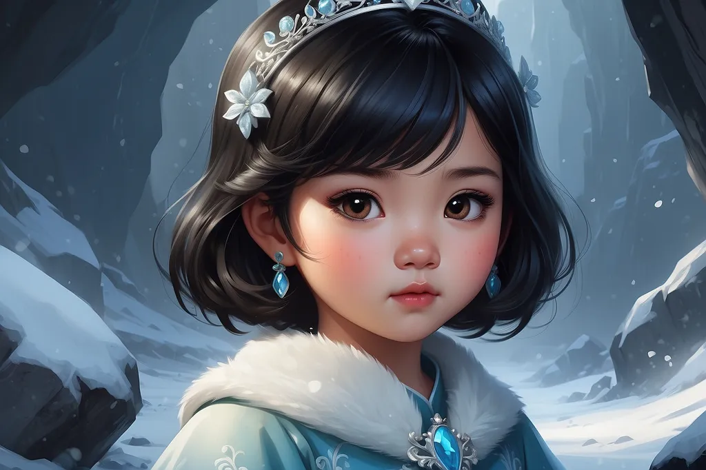 The little girl has short black hair and big brown eyes. She is wearing a blue and white dress with a white fur collar. On her head is a silver tiara with blue and white jewels. She is standing in a snowy forest, surrounded by rocks and trees. The snow is falling softly, and the sun is shining brightly. The little girl looks cold, but she is also happy. She is enjoying the snow and the beauty of the winter forest.