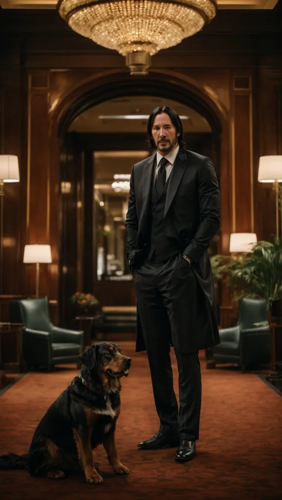 The image shows Keanu Reeves, a Canadian actor, standing in a hallway with a dog. He is wearing a black suit and tie, and the dog is sitting on the floor next to him. The background is blurred, but it looks like there are plants and chairs in the hallway. The overall tone of the image is warm and inviting.