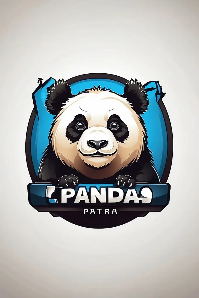 The image is a cartoon panda. It has black and white fur, with a round face and big eyes. It is smiling and has its paws on a blue and black sign that says \