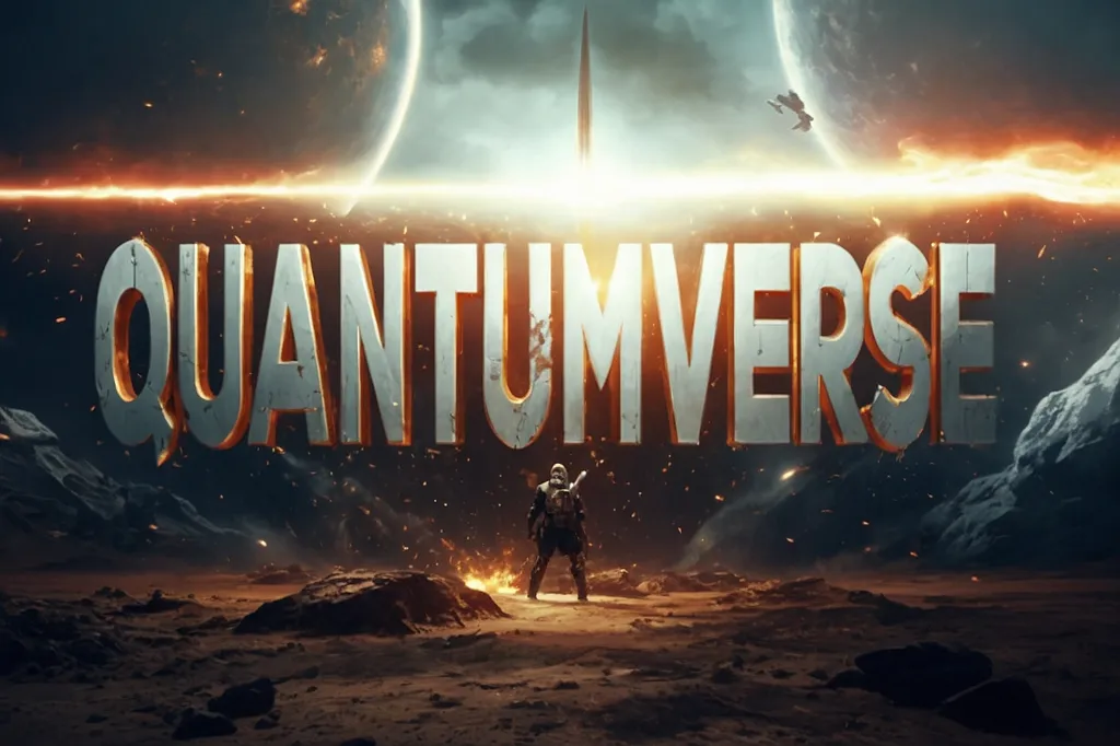 The image is set in a vast, alien landscape. The ground is covered in rocks and sand, and there are mountains in the distance. The sky is dark, and there are two moons in the sky. A figure in a spacesuit is standing in the foreground, looking up at the sky. The word "QUANTUMVERSE" is written in large, glowing letters in the middle of the image.