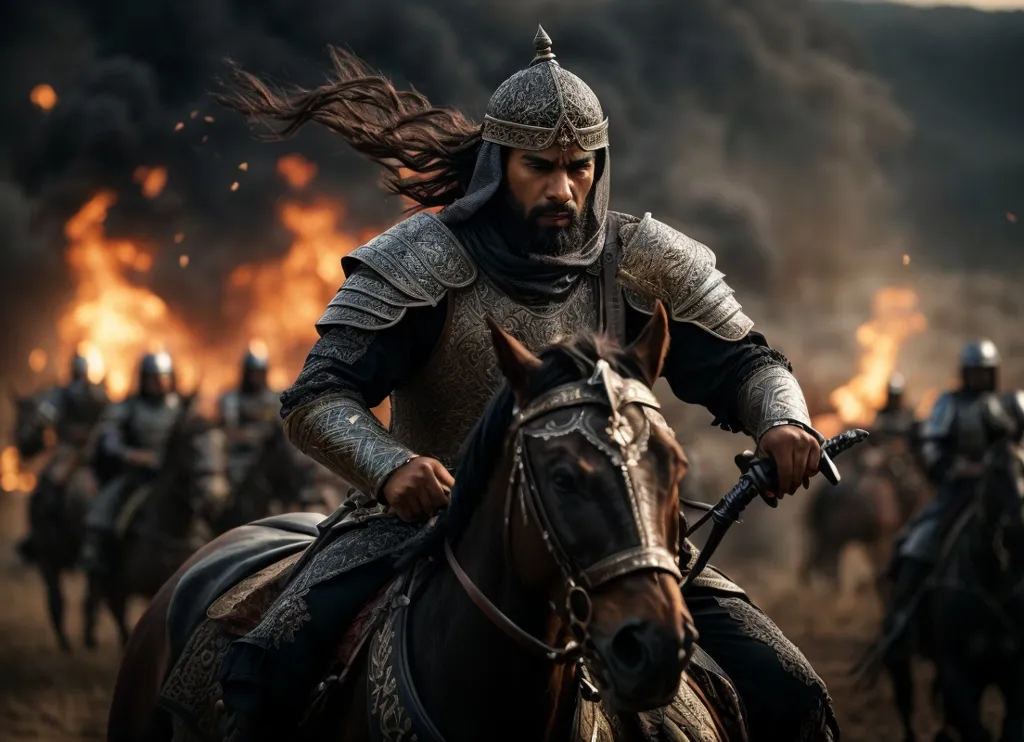 The image shows a fierce warrior, astride a powerful steed, galloping across a battlefield. He is dressed in gleaming armor and a flowing cape, his long hair and beard billowing in the wind. His sword is drawn and held high, ready to strike down his enemies. The background is a blur of fire and smoke, suggesting that the warrior is in the midst of a great battle. The warrior's face is one of determination and courage, and it is clear that he is a force to be reckoned with.