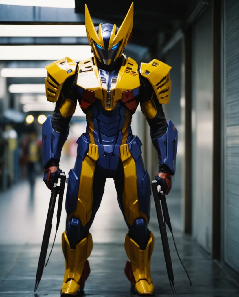 The image depicts a superhero wearing a yellow and blue suit of armor. The suit has a muscular appearance, with large shoulder pads and a chest plate. The helmet has a visor that covers the eyes, and there are two large claws attached to the wrists. The superhero is standing in a fighting stance, ready to attack.