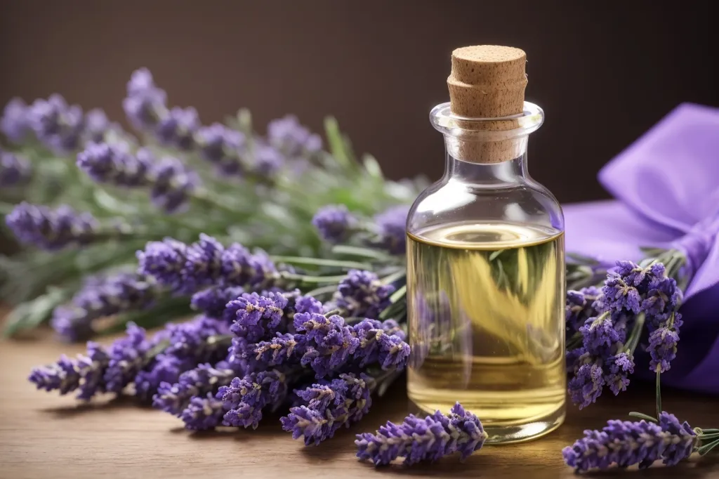 The image shows a small bottle of lavender essential oil. The bottle is made of clear glass and has a cork stopper. It is about 2/3 full of a light yellow liquid. The bottle is lying on its side on a wooden table. There is a lavender plant next to the bottle. The plant has several stems with purple flowers. The flowers are small and delicate. The leaves are long and narrow. The plant is in focus and the background is blurred.