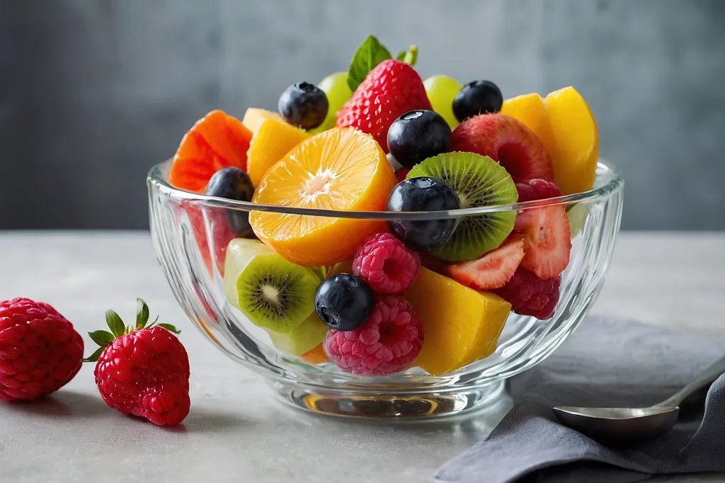 A bowl of fresh fruit salad with strawberries, blueberries, raspberries, kiwi, orange, and peach. The fruit is arranged in a colorful and appealing way. There is a silver spoon on the table next to the bowl. The background is a light gray color. The image is well-lit and the colors are vibrant.