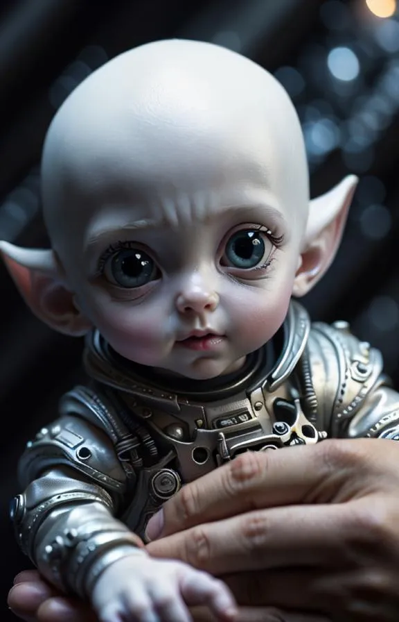 The image is a 3D rendering of a baby with elvish features. It is bald and has large, pointed ears. Its eyes are a deep blue color, and its skin is pale. It is wearing a silver spacesuit with a clear bubble helmet. The baby is being held in the hand of a human, and it is looking at the camera with a curious expression. The background is a dark, starry void.