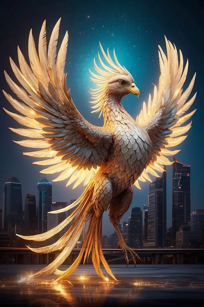 The image shows a golden phoenix with its wings spread wide. It is standing on a rooftop in a city, with the skyline in the background. The phoenix appears to be made of fire, and its feathers are glowing brightly. The image is set at night, and the stars are visible in the sky.