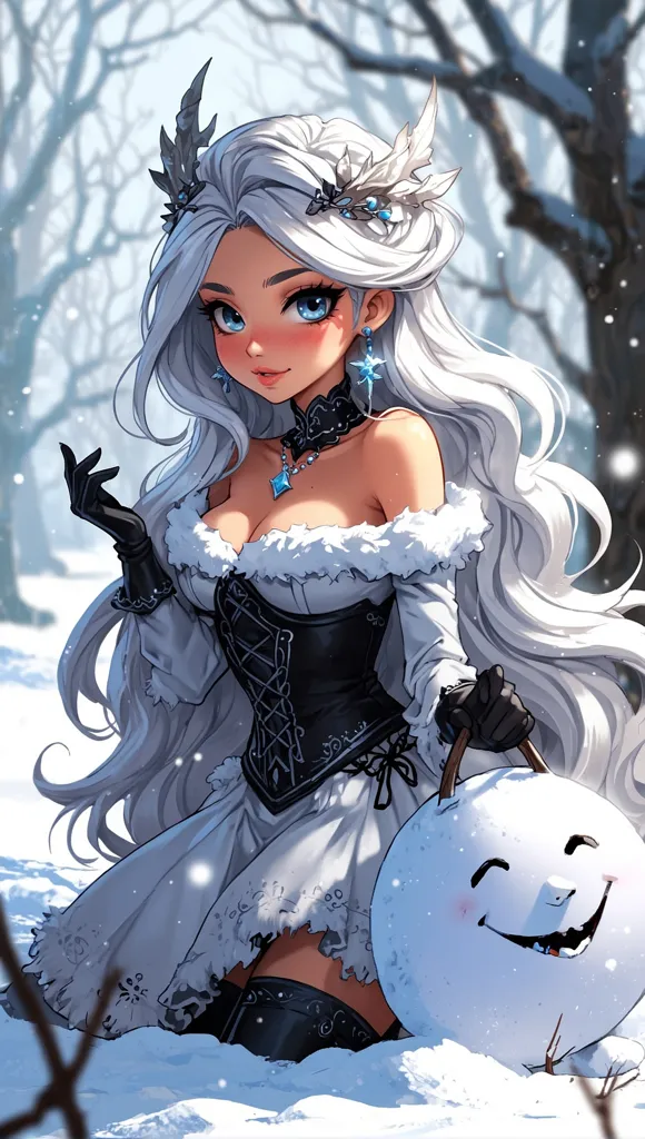 This is an image of a beautiful woman with long white hair and blue eyes. She is wearing a white and black dress with a corset. She is sitting in the snow with a snowman. The woman is smiling and has a gentle expression on her face. The image is very detailed and the colors are vibrant. The woman's hair is blowing in the wind and her dress is flowing. The snowman has a carrot for a nose and two black buttons for eyes. The image is set in a snowy forest and the trees are bare.