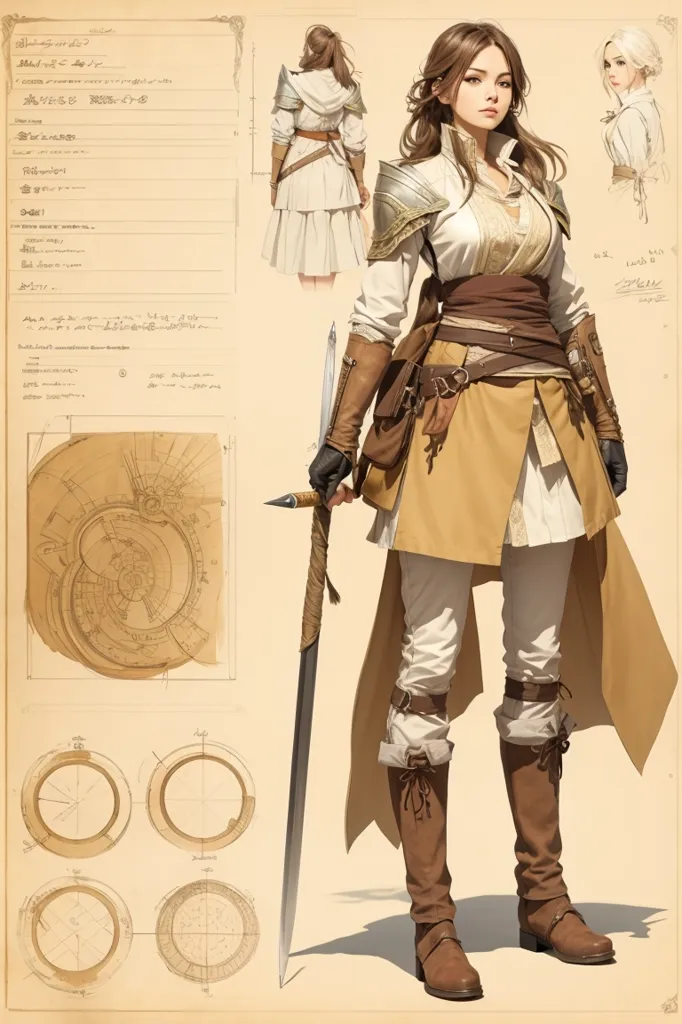 This is an image of a female warrior. She is wearing a white shirt, brown vest, and brown pants. She has a sword in her hand and a quiver of arrows on her back. She is standing in a confident pose, ready to fight. The background is a parchment with a technical drawing of some sort.