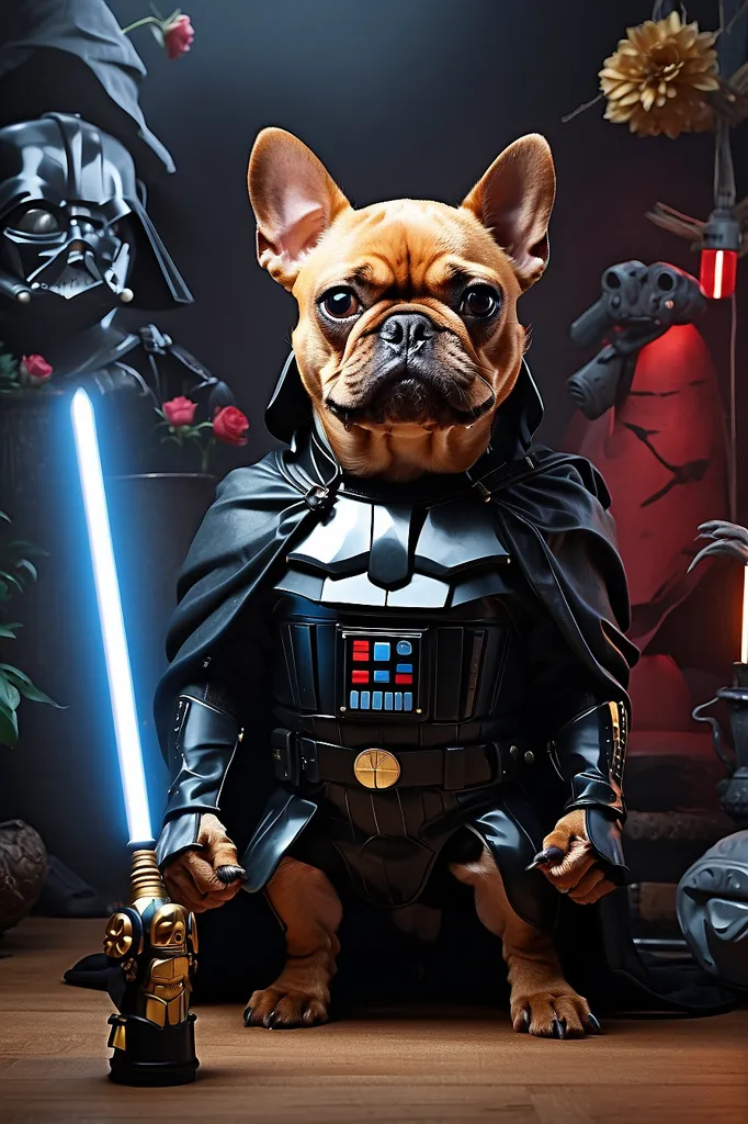 The image shows a French Bulldog dressed as Darth Vader from Star Wars. The dog is sitting on a table, with a red lightsaber in its right paw. It is wearing a black cape and a black mask, and its ears are perked up. The background is dark, with a spotlight shining down on the dog.