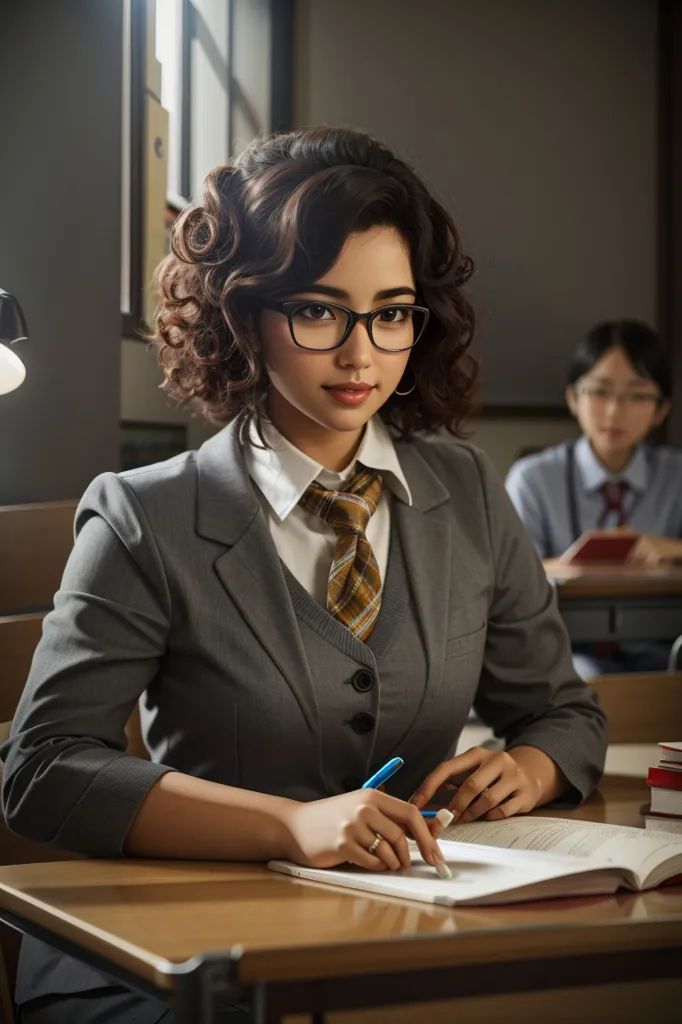 A young woman is sitting at a desk in a classroom. She is wearing a suit and tie. Her hair is curly and she is wearing glasses. She is holding a pen and writing in a notebook. There is another student in the background.