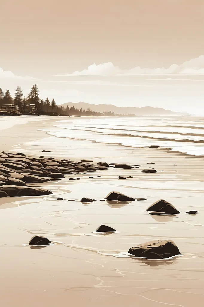 The sepia toned image shows the beach at low tide. The sand is wet and there are some rocks in the foreground. The water is calm. In the background, there are some trees and houses. The sky is cloudy.