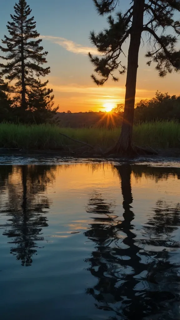 The setting sun casts a golden glow on the lake, trees, and grass. The sky is ablaze with color, and the water reflects the beauty of the sky. The scene is one of peace and tranquility. The sun is setting behind a large tree, and the sky is a deep orange. The water is calm and still, and the only sound is the gentle lapping of the waves against the shore.