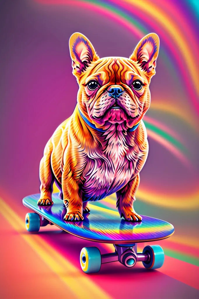 A French bulldog is skateboarding. The background is a rainbow of colors, and the bulldog is in the center of the image. The bulldog is brown and has a blue collar. The skateboard is rainbow-colored. The bulldog is looking at the camera.