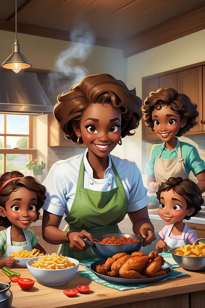 👩‍🍳👩‍👩‍👧‍👧A mother is cooking a delicious meal in the kitchen with her three daughters.👩‍👩‍👧‍👧 The mother is wearing a green apron and a white shirt. She has a warm smile on her face as she looks down at the food she is preparing.👩‍🍳 The eldest daughter is standing to the right of the mother. She is wearing a green apron and a white shirt. She is holding a bowl of vegetables.👩‍👧 The second daughter is standing to the left of the mother. She is wearing a pink apron and a white shirt. She is holding a bowl of fruit. 👧The youngest daughter is sitting on the counter. She is wearing a blue apron and a white shirt. She is holding a plate of cookies.👩‍👧‍👦 The family is surrounded by a warm and inviting kitchen. There is a window in the background, and a pot of boiling water on the stove.👩‍🍳👩‍👩‍👧‍👧The image is温馨的，幸福的.