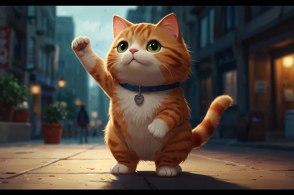 This is an image of a cute cat. It has big green eyes and a pink nose. Its fur is orange and white, and it has a white belly. The cat is wearing a blue collar with a heart-shaped tag. It is standing on a stone floor with a blurred background of a city street. The cat is looking up at the viewer with its paw raised.