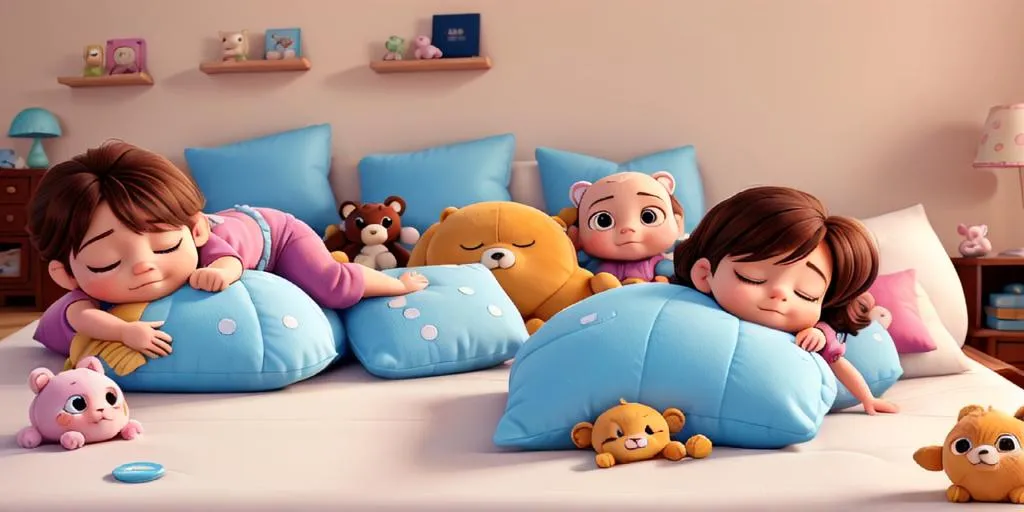 The image shows a bedroom with three children sleeping in a bed. The children are all wearing pajamas and look very comfortable. The bed is made with blue and white pillows and there are several stuffed animals on the bed. There is a nightstand with a lamp and some books on it. The room is decorated in a soft, neutral color scheme. The overall mood of the image is peaceful and relaxing.