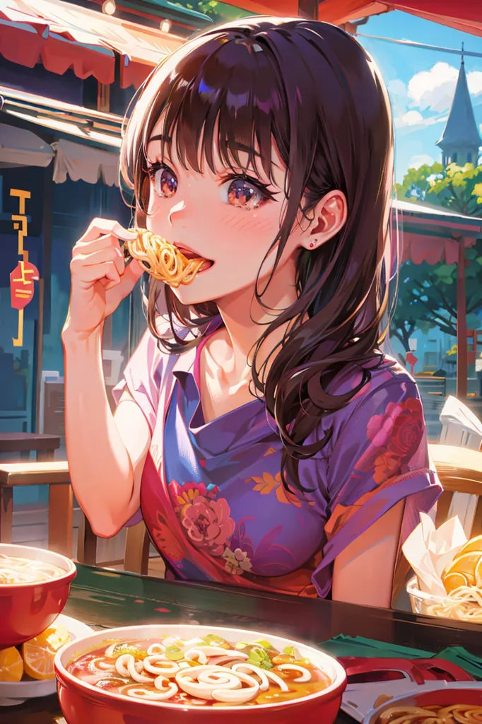 The image shows a young girl with long brown hair eating a bowl of noodles. She is sitting at a table in a restaurant with a bowl of noodles in front of her. The girl has her chopsticks in the noodles and is slurping them up. She has a happy expression on her face. The restaurant is decorated with red and white lanterns.