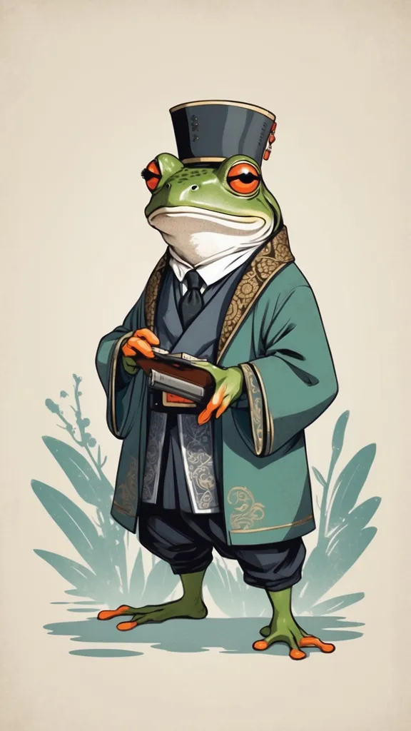 The image shows a anthropomorphic frog wearing a black hat and green robe with white and gold trim. The frog is holding a book and standing on a rock. The background is a gradient of light green to white, with some green plants on the left side. The frog is looking at the viewer with a slightly smug expression.