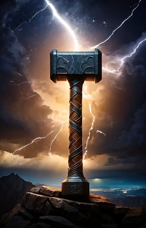 In the distance, a bolt of lightning strikes a mountain peak. The sky is dark and stormy. In the foreground, a large, ornate hammer is planted in a rocky outcropping. The hammer is made of metal and has a long, wooden handle. It is surrounded by glowing, blue energy.