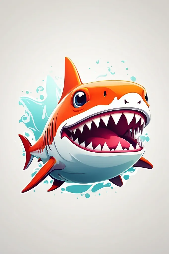 This is a cartoon shark. It has a big smile on its face and is showing its sharp teeth. It is orange and white with a red fin. The shark is surrounded by water.