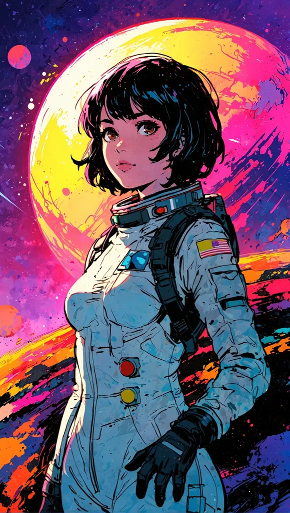 A young girl in a spacesuit is standing on a planet. She is looking at the viewer with a determined expression. The planet is colorful and looks like it is made of paint. The background is a dark sky with stars and a moon. The girl is wearing a white spacesuit with a red, white, and blue patch on her shoulder. She has short black hair and brown eyes. She is standing with her feet shoulder-width apart and her hands clasped in front of her.