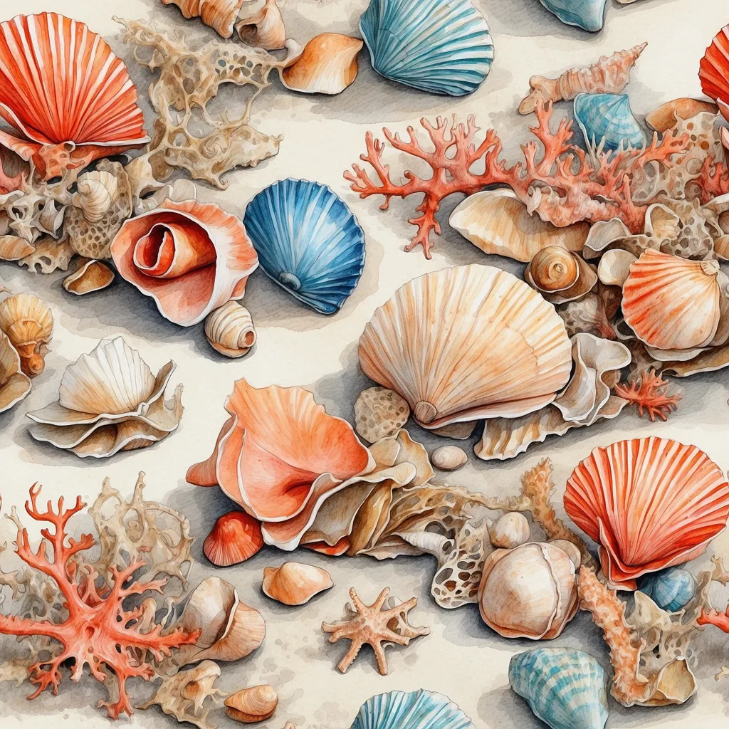 The image is a watercolor painting of a variety of seashells, including clamshells, oysters, scallops, and conches. The shells are arranged in a haphazard manner, overlapping each other and creating a sense of depth. The shells are painted in realistic detail, with their natural colors and textures. The background of the painting is a sandy beach, with the sand being a light tan color. The painting has a warm and inviting feel, and it evokes the feeling of being at the beach.