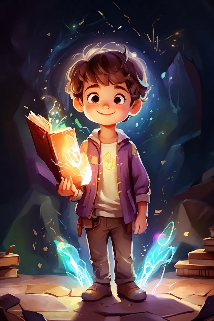 The young boy stood in the center of the room, a book in his hands. He was surrounded by a soft light, and the air was filled with the sound of his voice as he read aloud. The words flowed from his lips like music, and the listeners were spellbound. The boy's eyes sparkled with excitement as he turned the pages, and his imagination transported him to faraway lands and fantastic creatures. As he read, the room seemed to fade away, and the boy and his audience were lost in the world of the story.