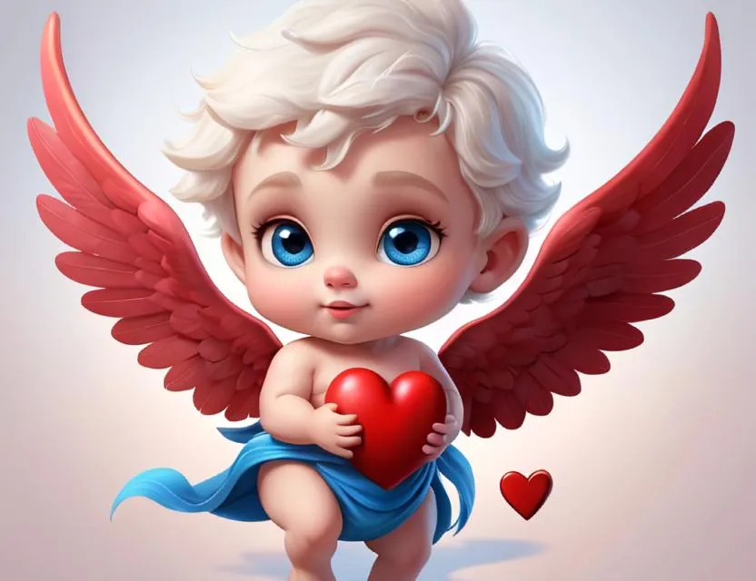 The image shows a chubby baby with white hair and red wings. He is wearing a blue diaper and is holding a red heart in his hands. The baby is surrounded by a soft pink glow.