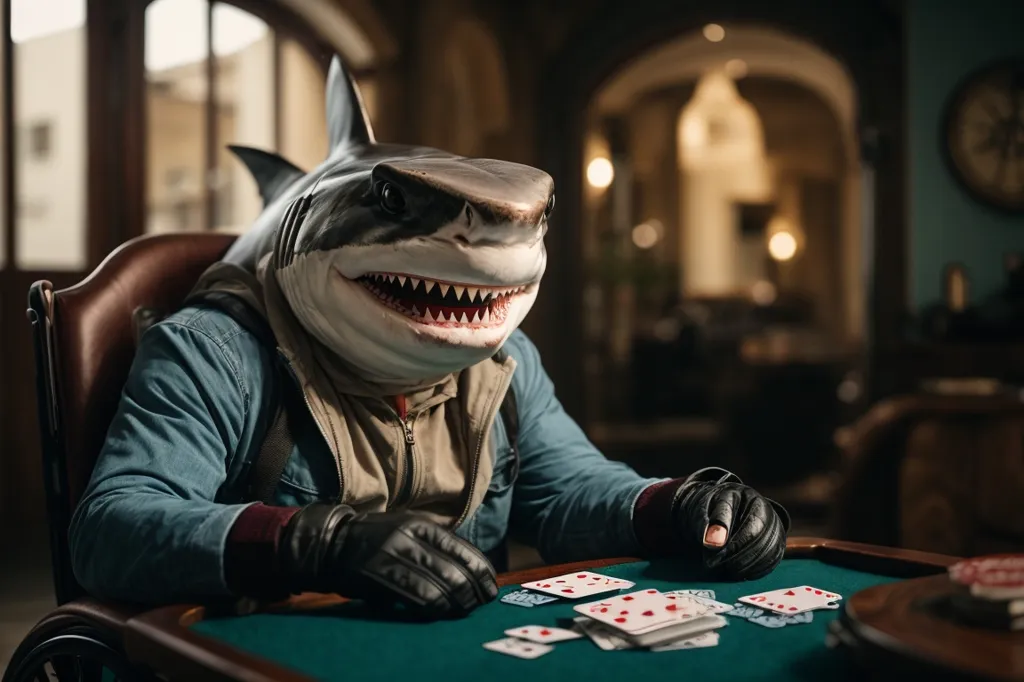 The image shows a shark wearing a human suit, sitting at a table and playing poker. The shark is wearing a blue suit jacket and a black turtleneck sweater. It has a shark fin sticking out of the back of its head. The shark is holding a cigar in its mouth and is looking at the cards in its hand. There are cards on the table in front of him. The shark is surrounded by luxury items, such as a leather chair, a crystal decanter, and a painting on the wall.