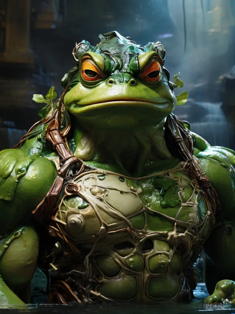 The image depicts a muscular anthropomorphic frog standing in a dark, wet cave. The frog is wearing a primitive loincloth made of leaves and vines. Its skin is a light green color, and its eyes are a deep orange. The frog's body is covered in warts and bumps, and its feet are webbed. It has a large, toothy mouth and a long, forked tongue. The frog is standing in a pool of water, and its reflection is visible on the surface.