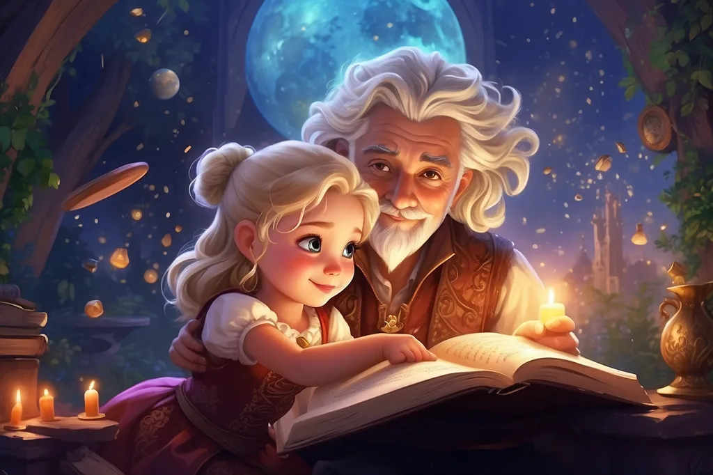 An old man is reading a book to a young girl. They are sitting in a cozy room, with a large window behind them. The moon is shining brightly outside. The old man is wearing a long red robe, and the girl is wearing a long blue dress. The old man has a kind face, and the girl is listening intently to the story. The picture is very peaceful and温馨.