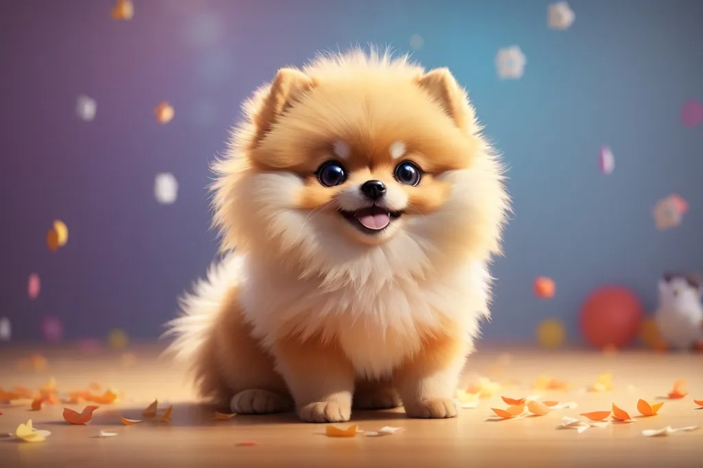 This is a picture of a Pomeranian puppy. It has big blue eyes, a black nose, and a fluffy orange coat. It is sitting on a wooden floor. There are colorful confetti falling in the background. The puppy is looking at the camera with a happy expression on its face. It seems to be excited and playful.