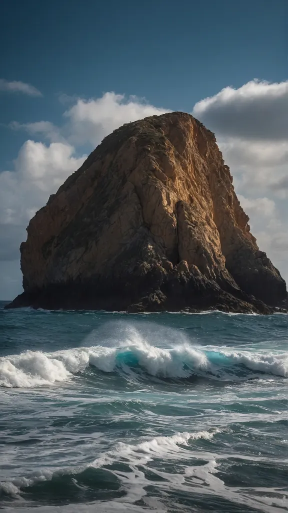 The image shows a large, rocky cliff rising out of the ocean. The cliff is surrounded by a deep blue sea. The waves are crashing against the cliff, sending up a spray of mist. The sky is a light blue, with a few clouds dotting the horizon. The cliff is a dark brown, with a few shades of green and yellow. The waves are a light blue, with a few shades of white. The image is taken from a low angle, making the cliff look even more imposing. The image is both beautiful and awe-inspiring, capturing the power and beauty of nature.