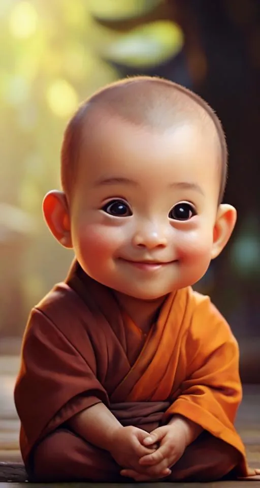 The image shows a cute baby dressed in a Buddhist monk's robe. The baby is sitting cross-legged and has a serene smile on its face. The background is blurred, and there is a soft light shining on the baby. The baby's eyes are closed, and it has a peaceful expression on its face. The baby is wearing a simple robe, and its head is shaved. The baby is sitting on a wooden floor, and there is a wooden fence behind it.