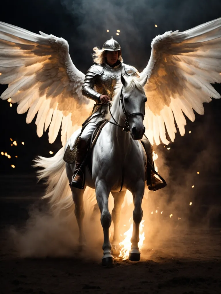 A valiant warrior rides a white horse into battle. The warrior is dressed in full armor and has a sword drawn. The horse is rearing up on its hind legs and is surrounded by fire. The warrior's wings are outstretched and are made of white feathers. The background is dark and smoky.