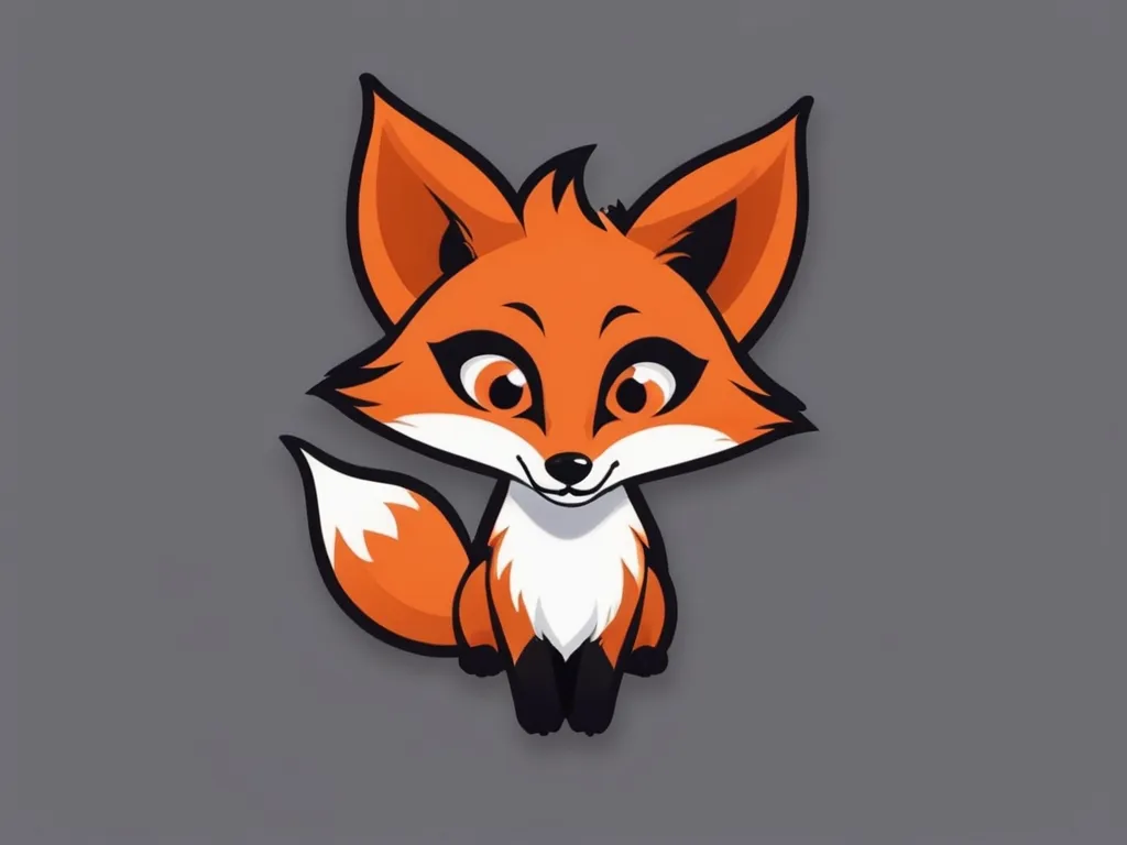 The image is a cartoon fox. It has big, pointy ears and a long, bushy tail. Its fur is orange and white, and its eyes are black. The fox is sitting on its haunches and has a friendly expression on its face.