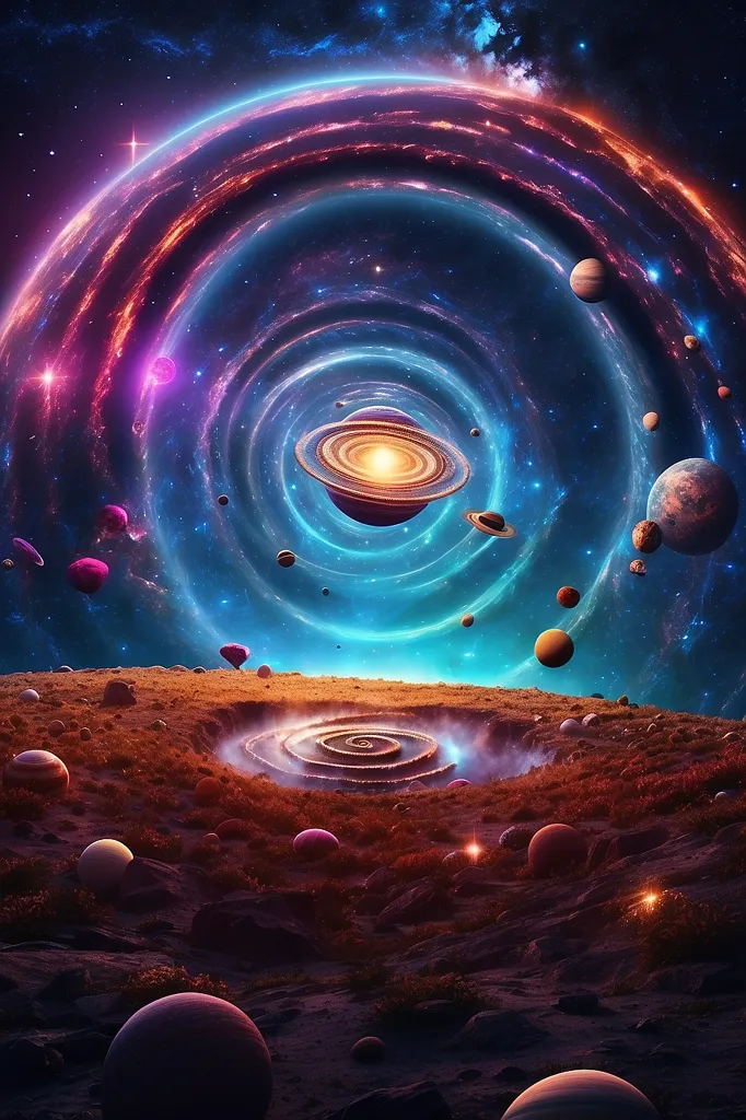 The image is set in a vast and colorful universe, with a swirling vortex of stars and galaxies at its center. In the foreground, there are several planets of various sizes, all orbiting around the vortex. The planets are rendered in great detail, with vibrant colors and textures. The background of the image is filled with stars and galaxies, all of which are swirling around the central vortex.