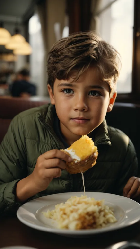 The photo shows a boy eating a cornbread muffin. He is sitting in a restaurant and there is a plate of food in front of him. The boy has brown hair and brown eyes and is wearing a green jacket. He looks to be about 8 years old. The photo is taken from a slightly elevated angle and the background is blurred.