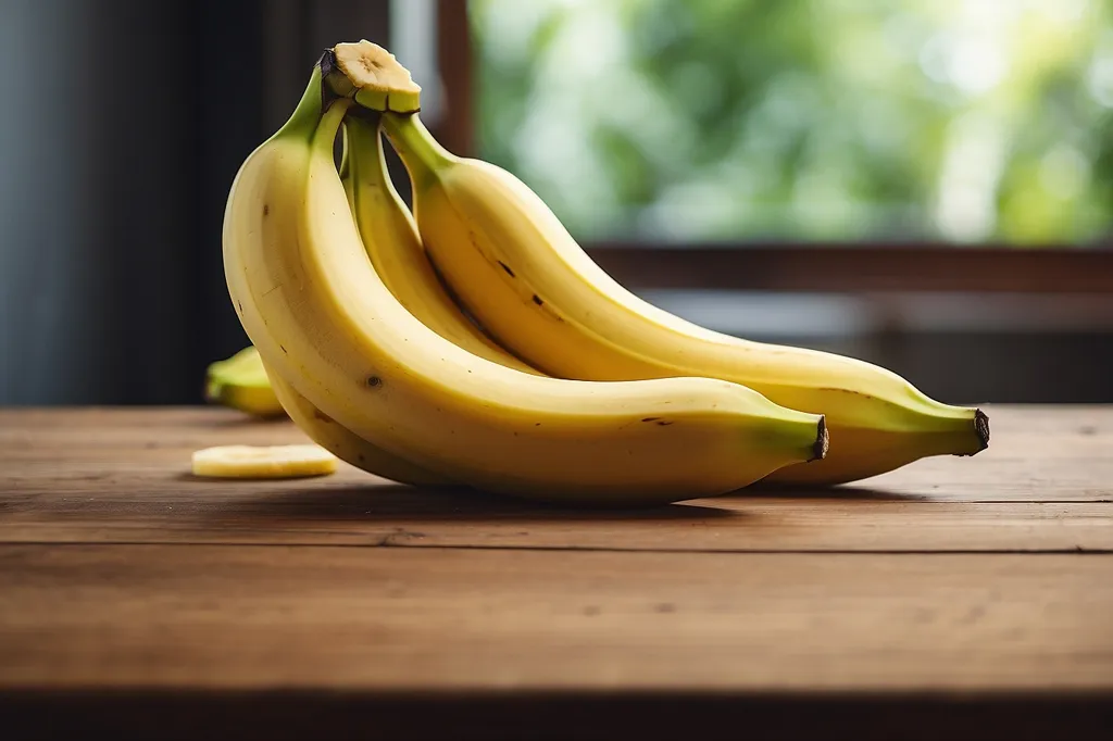 A bunch of four ripe yellow bananas on a wooden table. The bananas are slightly curved and have brown spots on their skin. The background is a blurred view of a green field seen through a window.