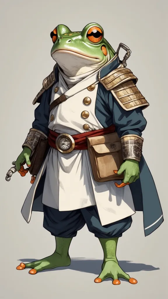 The image shows a anthropomorphic frog wearing a blue and white outfit. He has a clock on his belt and a bag on his hip. He is also wearing a hat and has a sword on his back. He looks like he is ready for an adventure.