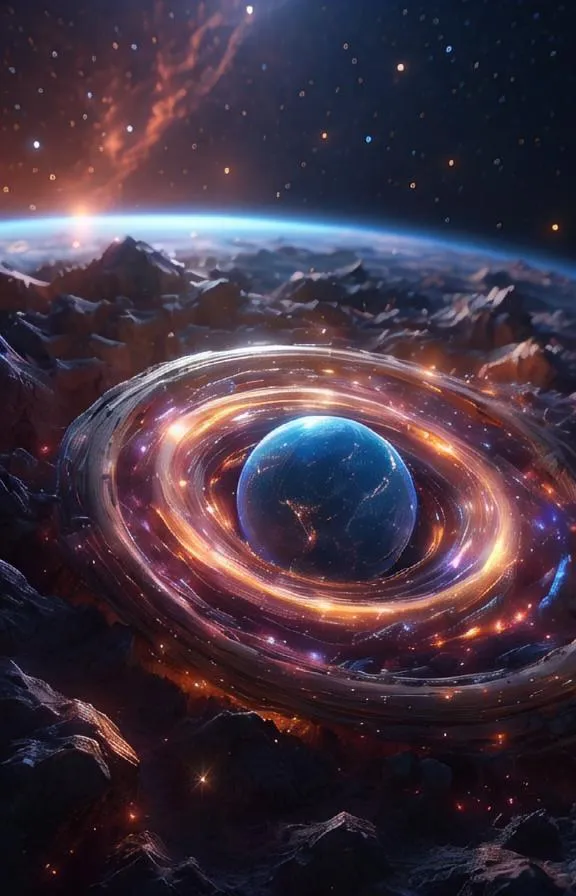 The image is set in a vast and deep space. There is a blue planet in the center of the image, and it is surrounded by a glowing, spiraling vortex of energy. The planet is lit up by the vortex, and it is casting a faint blue light on the surrounding space. There are stars and galaxies in the background, and they are all dwarfed by the size of the planet and the vortex. The image is very colorful, and the colors are vibrant and saturated. The overall effect of the image is one of awe and wonder.