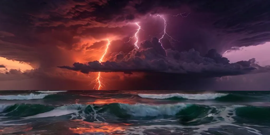 A dramatic scene of a thunderstorm at sea. The dark clouds are lit up by frequent lightning strikes, and the waves are whipped up into a frenzy by the strong winds. The storm is in full force, and it is a sight to behold. The image is both beautiful and awe-inspiring, and reminds us of the power of nature.