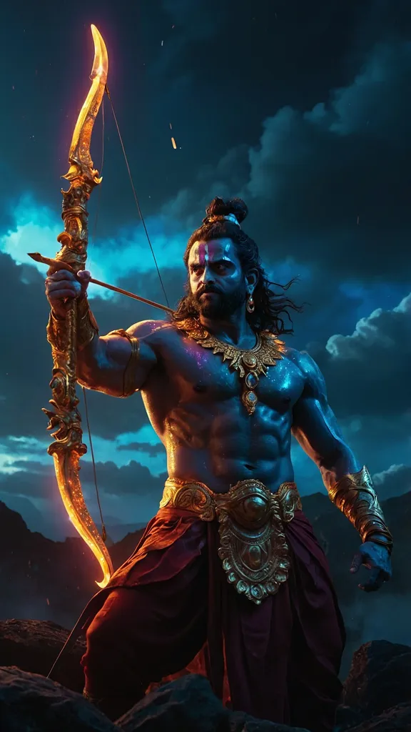 The image shows a man with a bow and arrow. He is standing on a rock in front of a mountainous landscape. The man is dressed in a loincloth and has a quiver of arrows slung over his shoulder. He has a determined expression on his face and seems to be ready to fire his arrow.