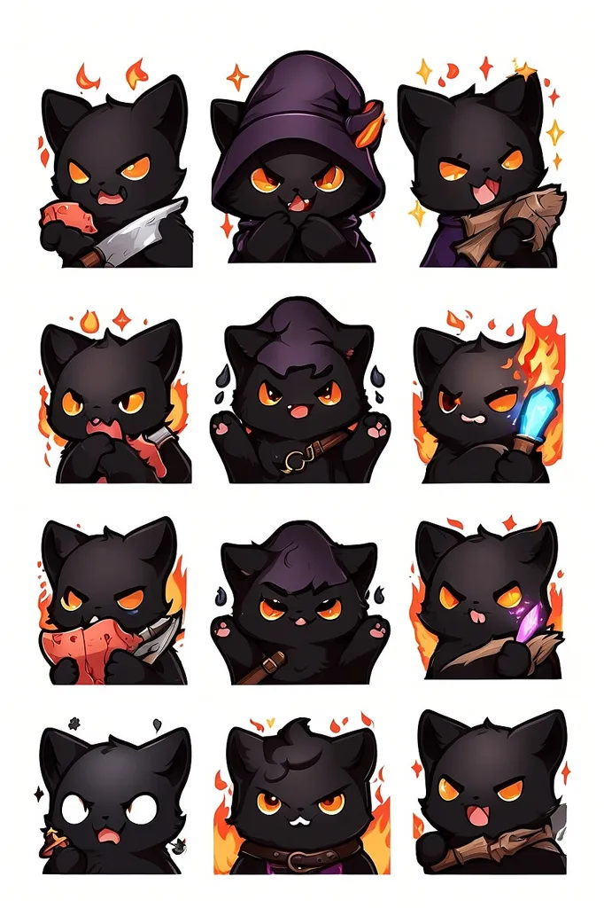 The image contains 12 cartoon black cats with different expressions and wearing different hats and clothes. The cats are all doing different things, such as eating, playing, and fighting. The image is drawn in a chibi style, and the cats are all very cute and expressive.