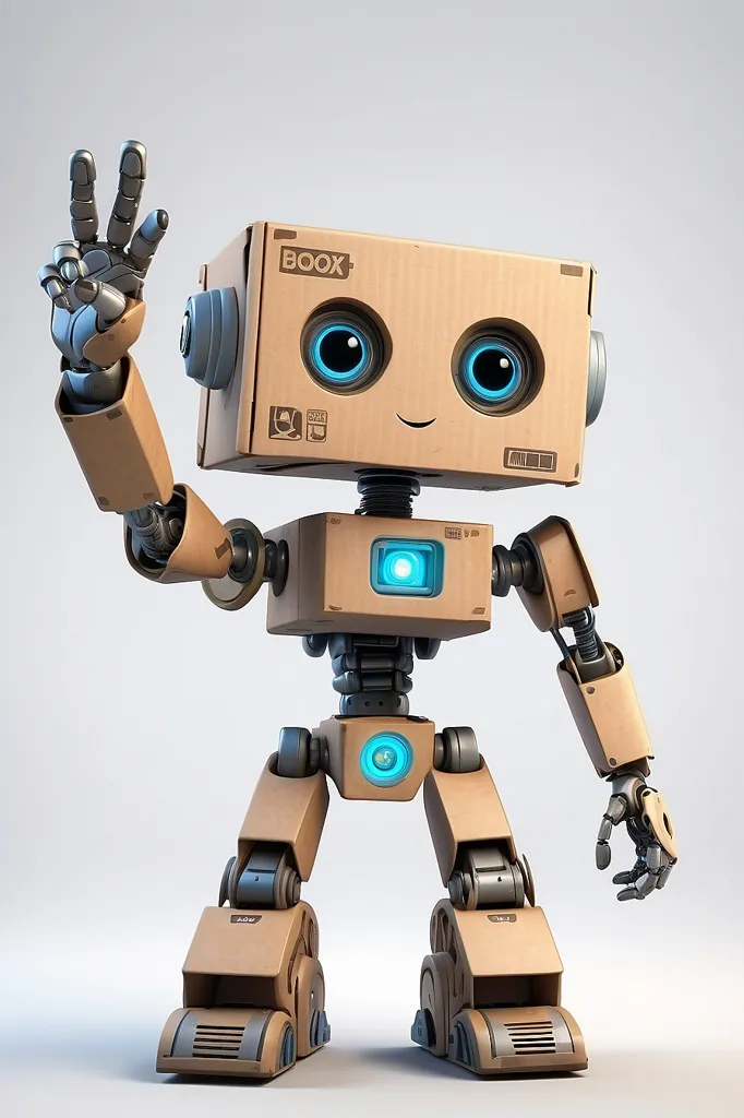 The image shows a small robot made of cardboard. It has two blue eyes, a blue light on its chest, and a speaker-like mouth. It is waving with three fingers. The robot is standing on two wheels and has two arms with three fingers each. It is brown and has a Boox logo on its head.