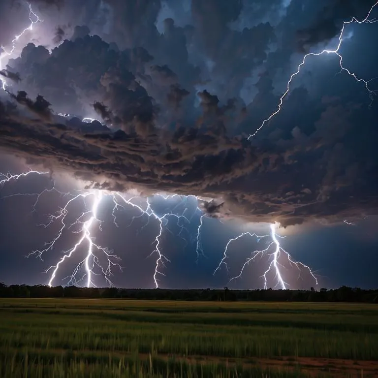 A stormy sky with dark clouds and bright lightning bolts. The lightning bolts are striking the ground in the distance, and the dark clouds are obscuring the sky. The storm is likely to cause damage and power outages.