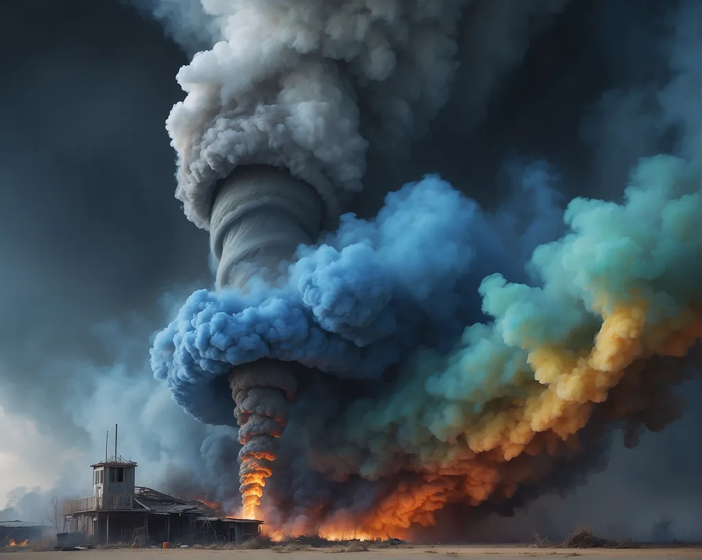 The image shows a tornado made of colorful smoke. The tornado is surrounded by a dark background, which makes it stand out. The tornado is very tall and wide, and it looks like it is about to hit something. The image is very迫力ful, and it makes you feel like you are actually there.