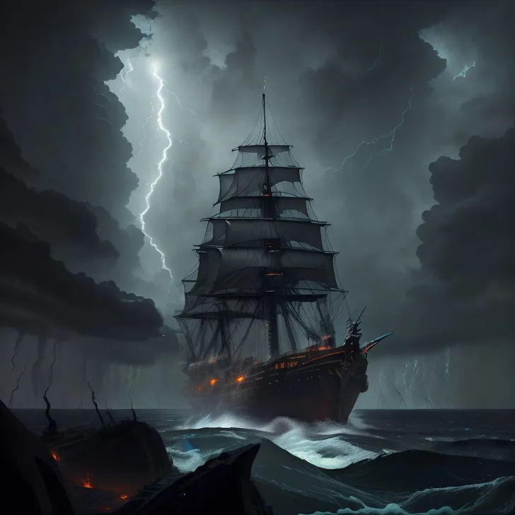 A dark and stormy night. A ship is being tossed around by the waves. The lightning is flashing and the thunder is roaring. The ship is in danger of being wrecked.