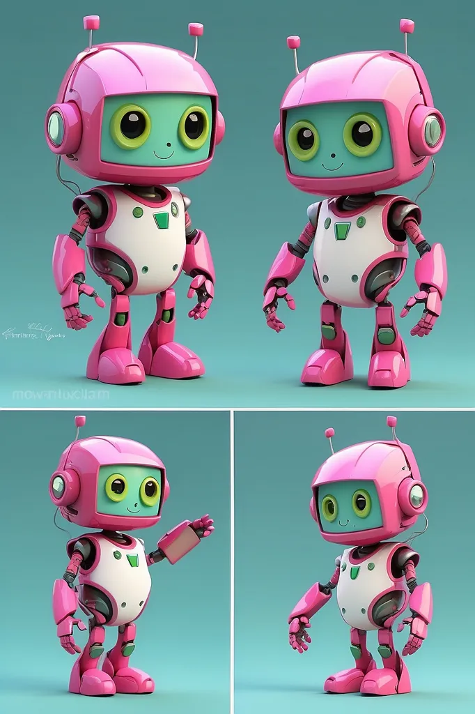 This is a 3D rendering of a cute robot. It has a pink body and white head with green eyes and pink antennae. It is wearing a pair of headphones and has a small smile on its face. The robot is standing on two legs and has two arms. It is standing in a neutral pose and looks like it is ready to interact with the viewer.