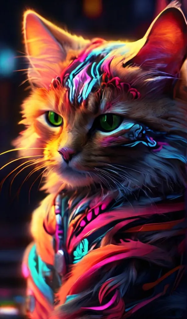 This is a digital painting of a cat. The cat has green eyes and looks like it is wearing a colorful headdress. The fur on its body is a rainbow of colors, including orange, yellow, blue, and purple. The background is dark, which makes the cat stand out. The painting has a surreal and psychedelic feel to it.